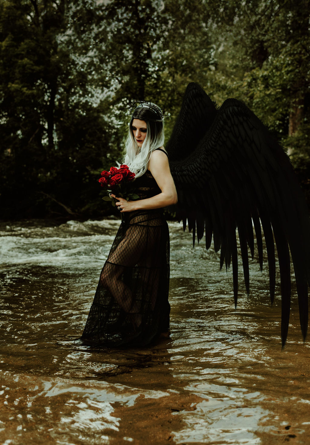 A woman with large black wings stands in a shallow river. The woman is wearing a long black dress and holding a bouquet of red roses.