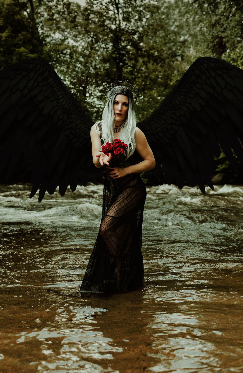 A woman with large black wings stands in a shallow river. The person is wearing a long black dress and holding a red rose.