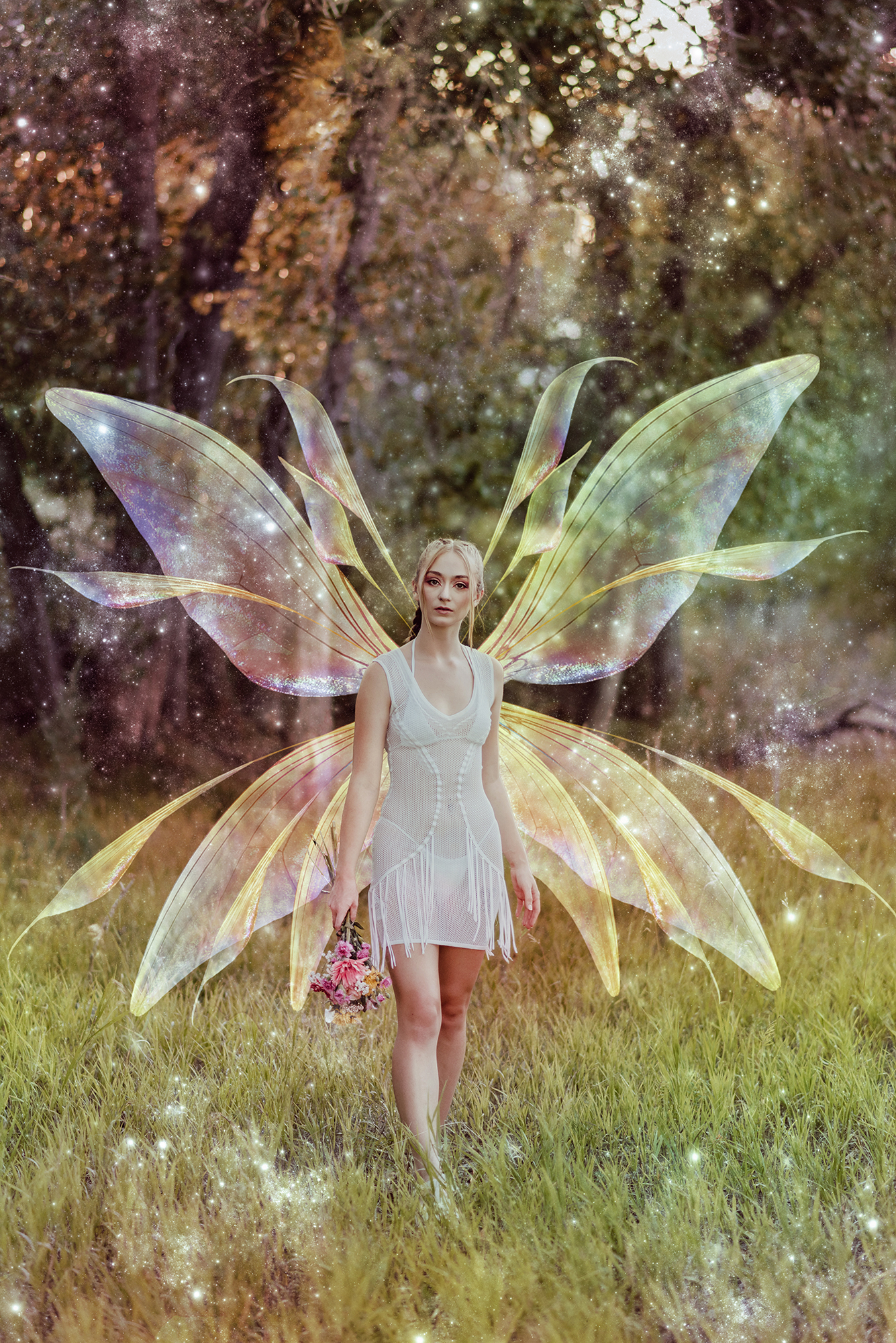 A white woman stands in a field holding a bouquet of flowers with large digitally added iridescent fairy wings, she is wearing a white mesh dress with a white bikini underneath as she poses for a boudoir photo in Denver Colorado. 